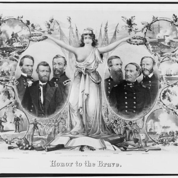 "Honor to the Brave," a Civil War era illustration that highlights several Union generals, including Ulysses S. Grant, William T. Sherman, and Philip Sheridan.