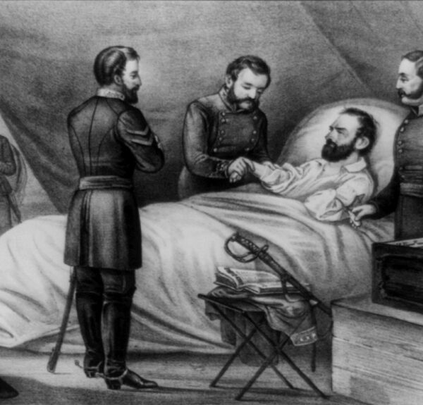 Stonewall Jackson is depicted on his deathbed in a wartime illustration