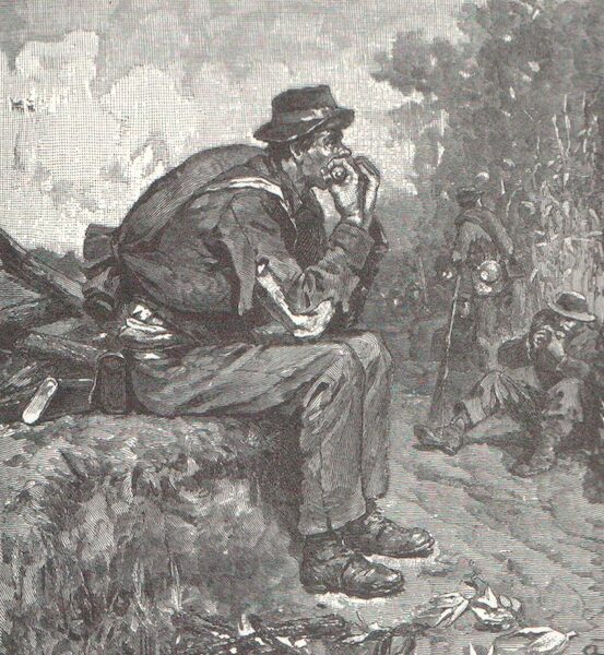 A Confederate soldier sits and eats an ear of green corn in a postwar illustration