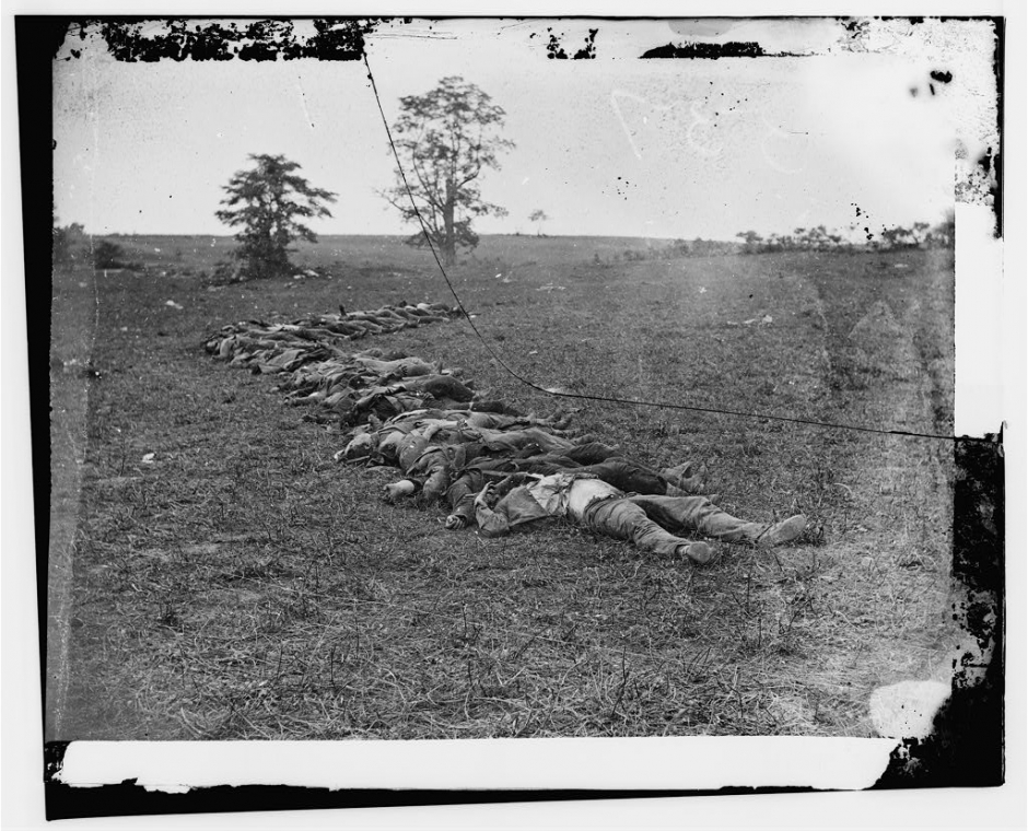 Bodies of Confederate dead gathered for burial