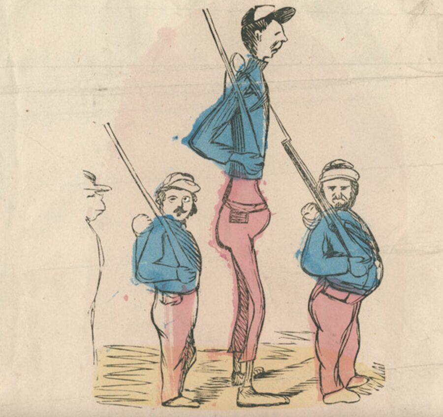 The valentine shows three men in uniform carrying guns.The first and last men are the same height, but the middle figure is twice their heights and much thinner.