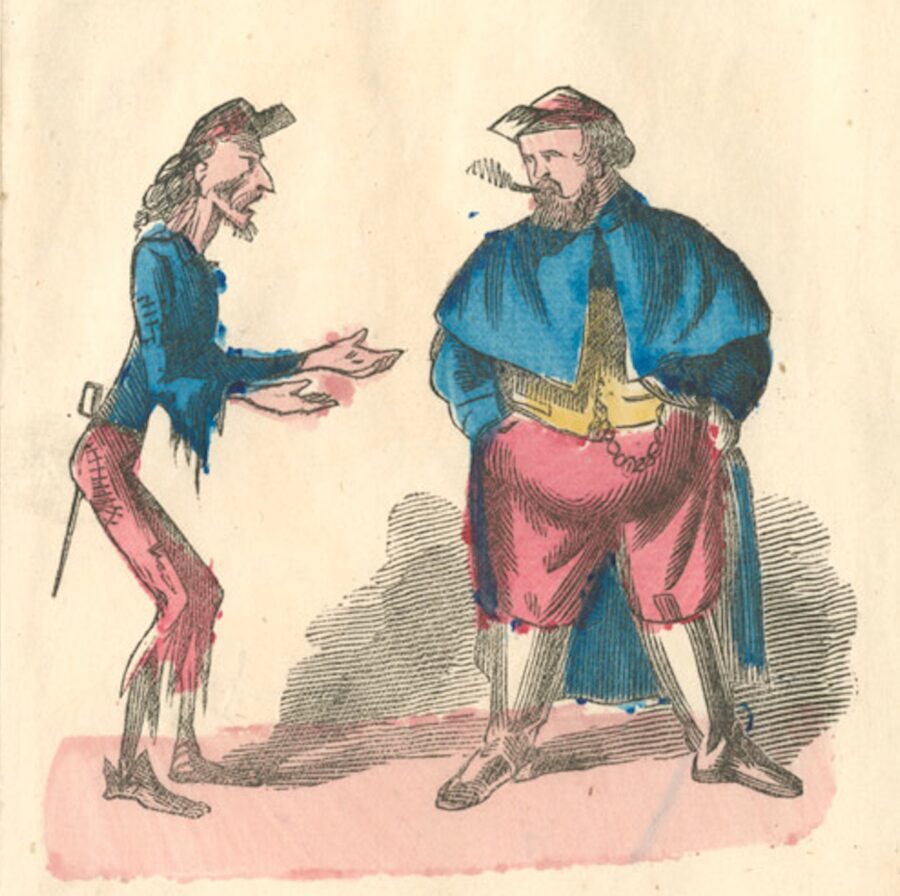 A thin Union soldier in a ragged uniform stands entreating a stout Union soldier in a well-kept uniform. The valentine accuses the recipient, a quartermaster, of theft and misappropriation.