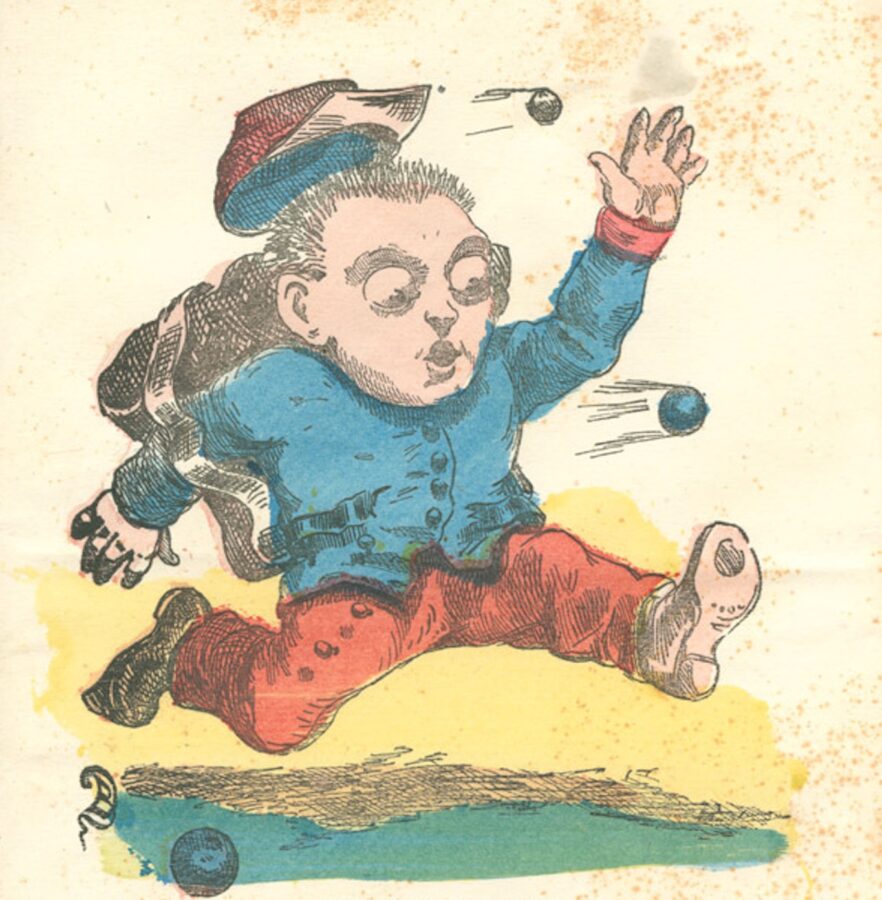 The valentine shows a Union soldier running from cannon balls. He wears a blue coat and red trousers and cap. He carries a sack on his back.