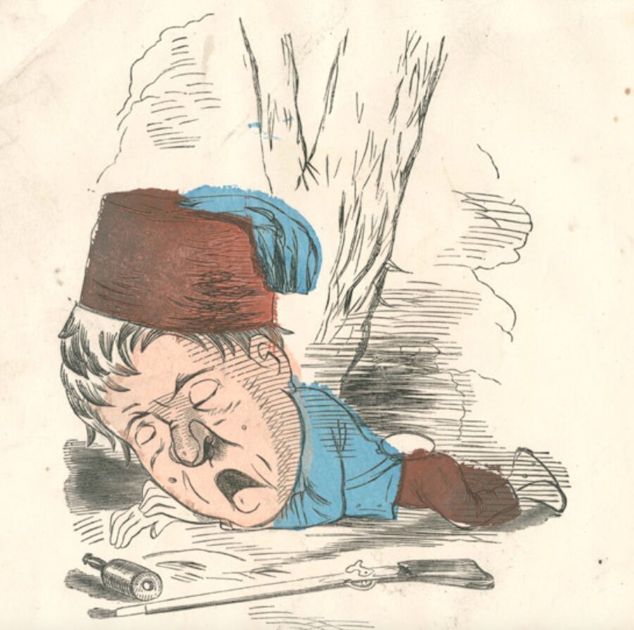 The valentine depicts a Union soldier passed out on the ground with a gun and a bottle in front of him. He has white hair and noticeable warts. "Zoo-Zoo" refers to the Zouave regiments in the Civil War.