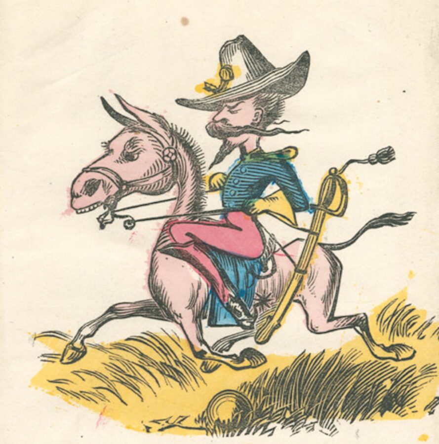 A Union calvalryman rides a donkey. He has a sword and spurs. The valentine suggests that his appearance does not match his abilities.