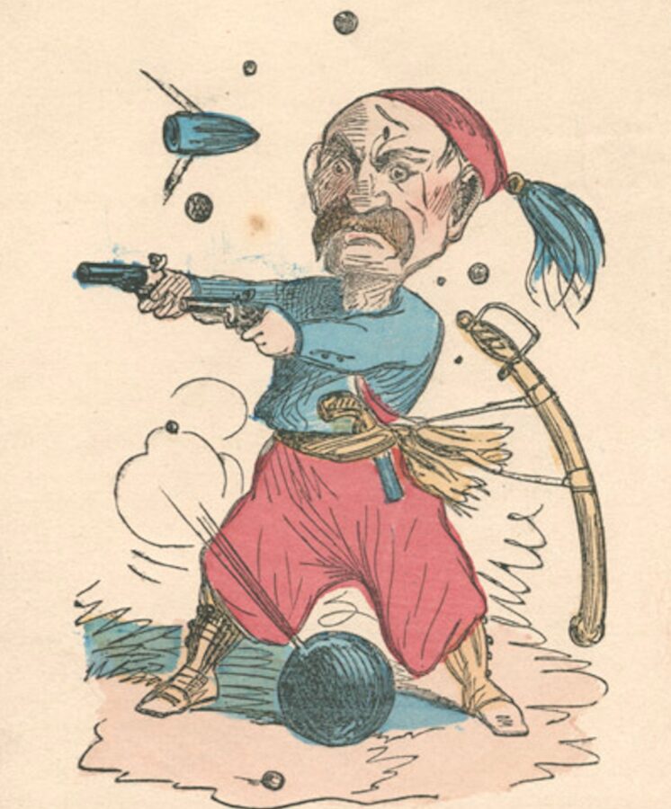 A Union soldier wears a Zouave uniform and holds two pistols out. He has a pistol tucked into his belt, and his sword scabbard hangs away from his body. A smoking cannonball lies between his feet and a bullet is near his head.