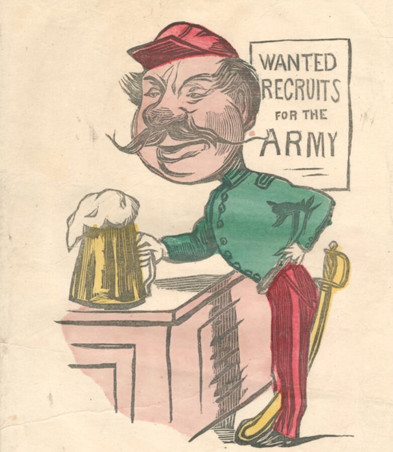 A soldier stands at a bar drinking a tankard of beer. A sign behind him reads, "Wanted Recruits for the Army." The valentine mocks the recruiting officer for using alcohol to recruit unfit men.