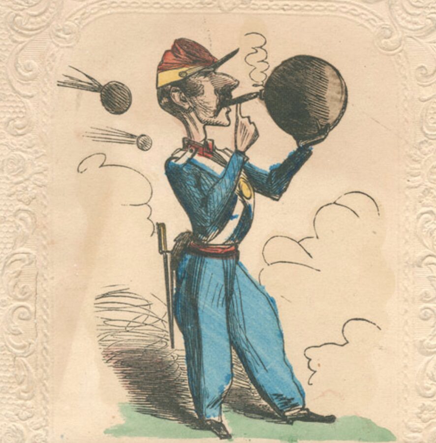 The valentine shows a Union soldier lighting his cigarette from a bomb as bombs fly in the background behind him. The piece has an embossed border. The valentine satirizes the purported bravery of the volunteers by showing them as foolish.