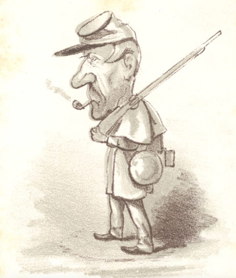 A soldier smokes a pipe. He holds a gun and rucksack. The valentine mocks his appearance and unwarrented vanity.