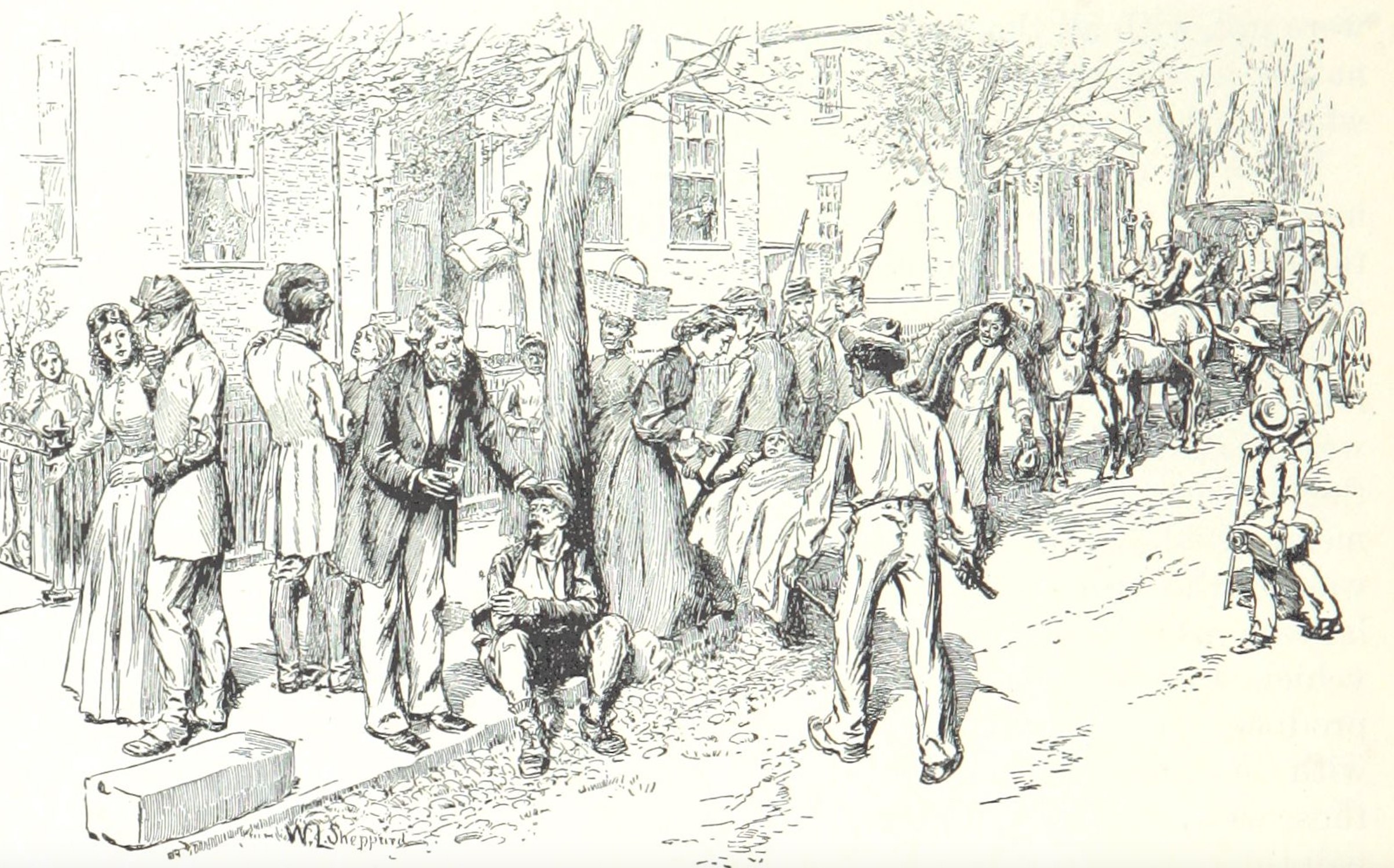 Confederate wounded being tended to in the streets of Richmond