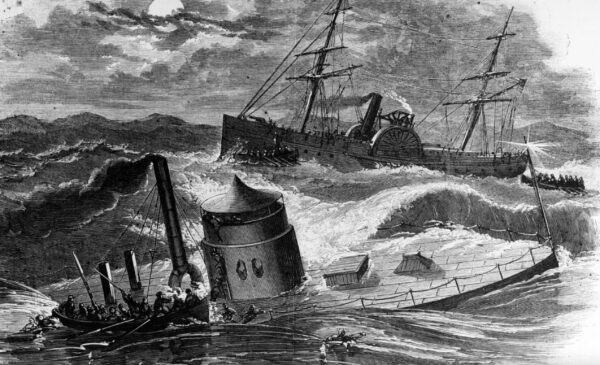 USS Monitor sinks in a storm off Cape Hatteras on December 30, 1862.