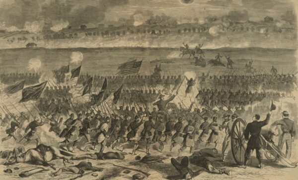 Union troops advance during the Battle of Fredericksburg.