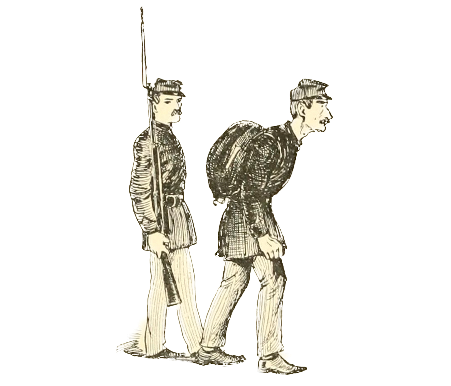 A Civil War soldier is forced to march with a knapsack loaded with rocks as a punishment.