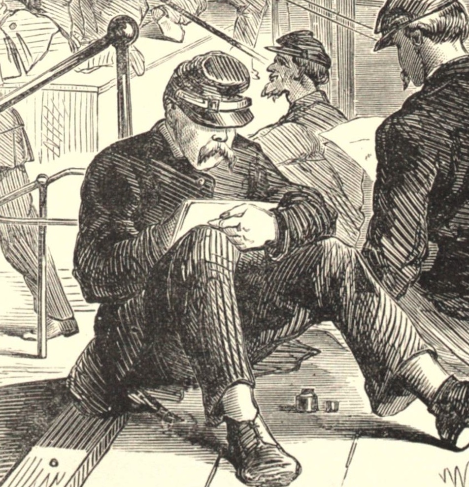 A Union soldier writes a letter home in an illustration from Frank Leslie's Illustrated Newspaper.