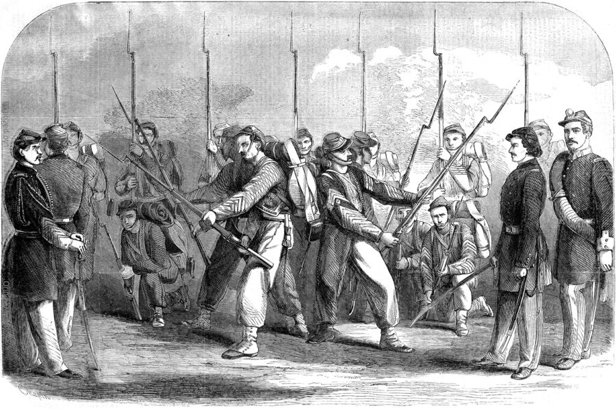 Black and white illustration of Elmer Ellsworth and the Zouaves during a performance.