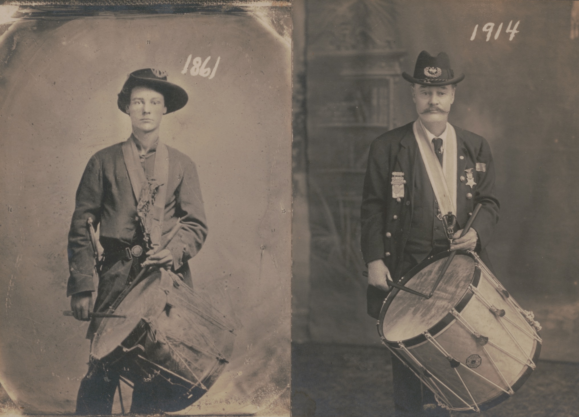 Philo H. Ravlin, as he appeared in 1861 as a drummer in Company I, 47th Indiana Infantry (left), and as a veteran, wearing medals and carrying a drum, in 1914.