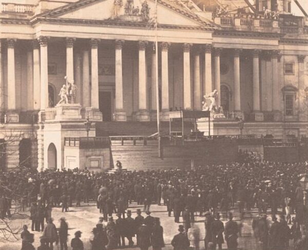 A crowd gathers outside the U.S. Capitol to hear Abraham Lincoln's inaugural address in March 1861.