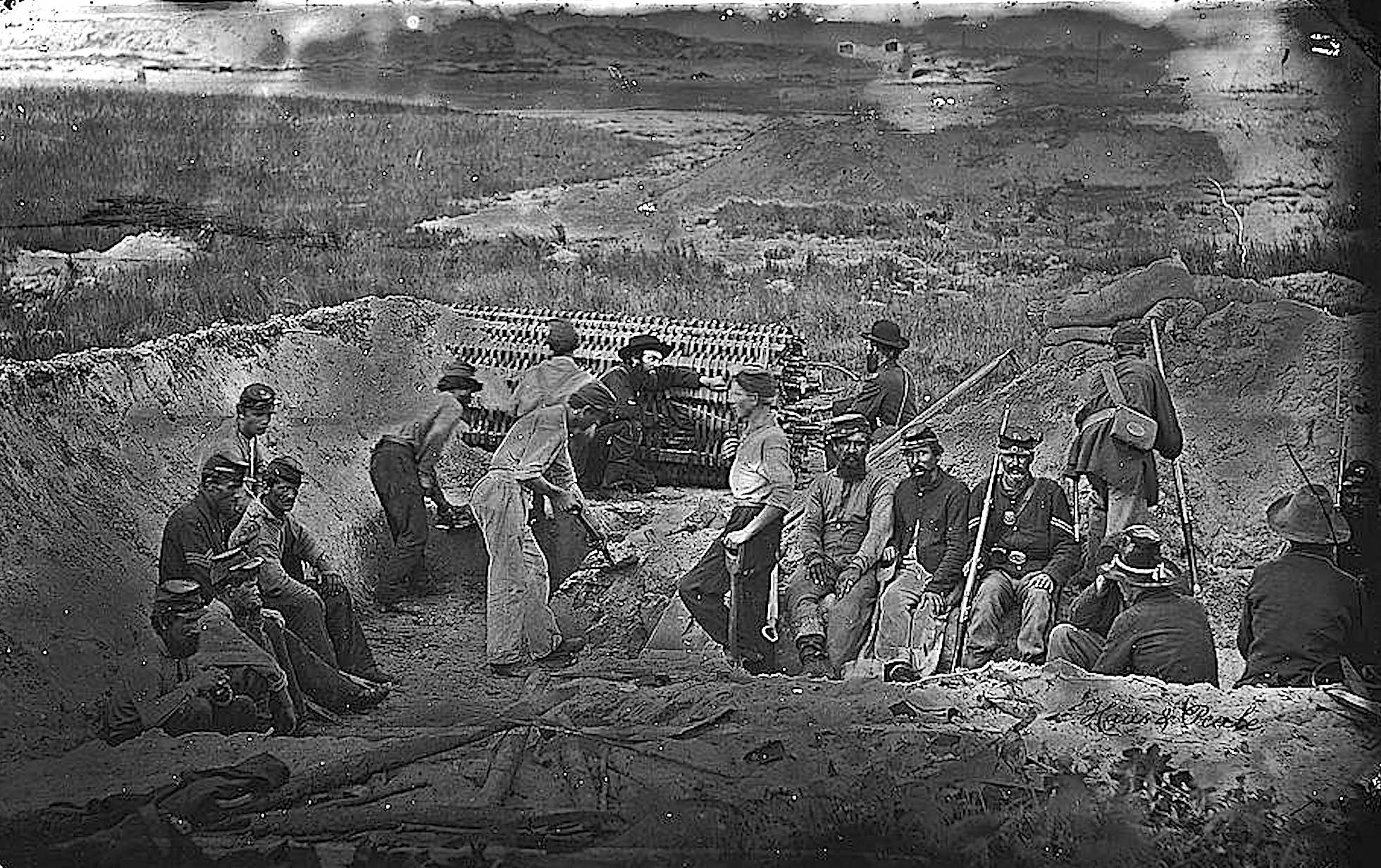 Union soldiers dig a trench on Morris Island, South Carolina, during the Civil War.