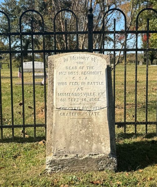 A marker dedicated to the men of the 10th Mississippi Infantry killed at the Battle of Mumfordville, Kentucky