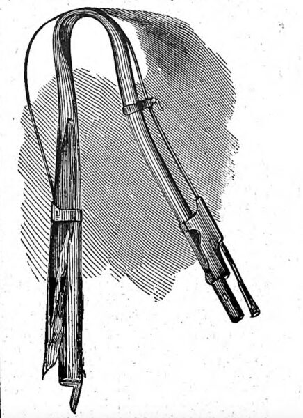 A wartime illustration of a rifle bent double by a cannon ball