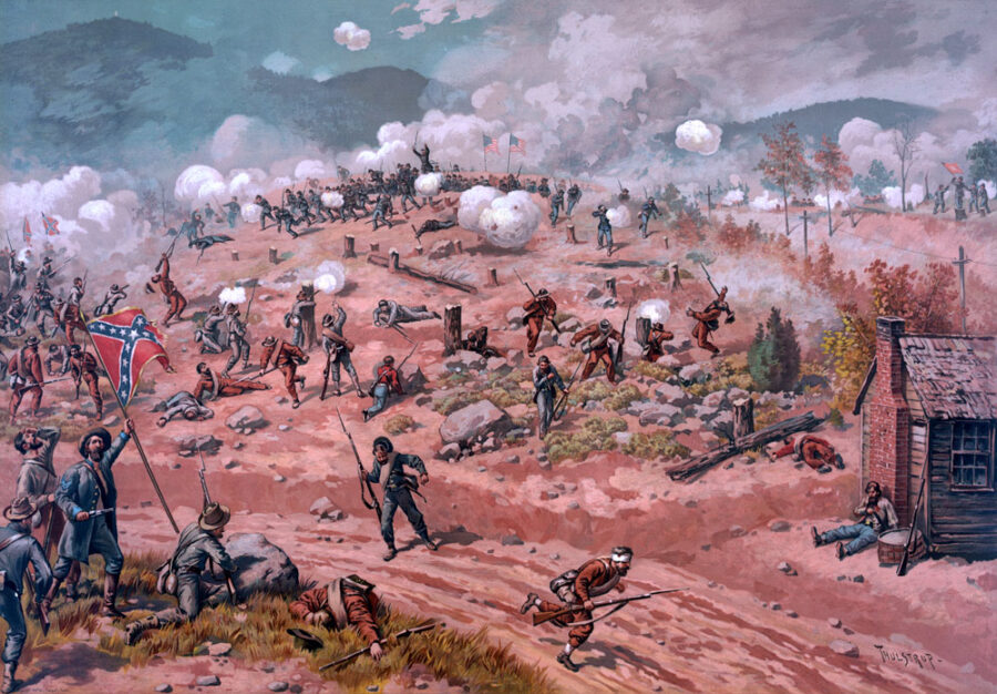 Watercolor painting of the Battle of Allatoona Pass by Thure De Thulstrup.