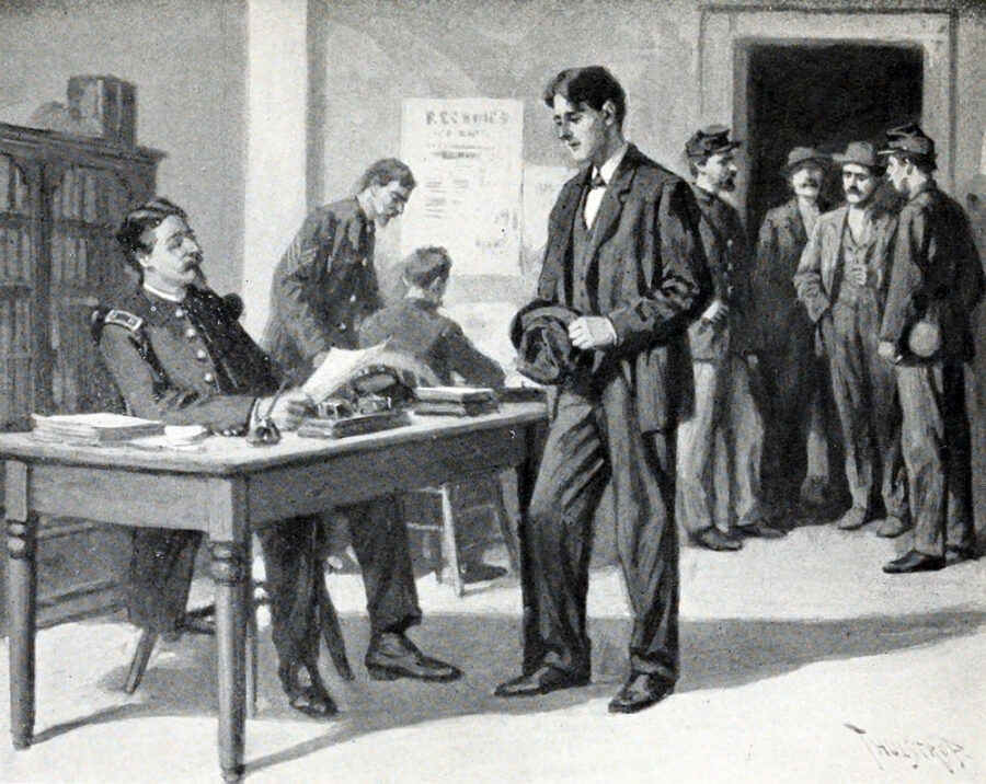 Black and white illustration of Bob Bannister trying to enlist in the Union army.