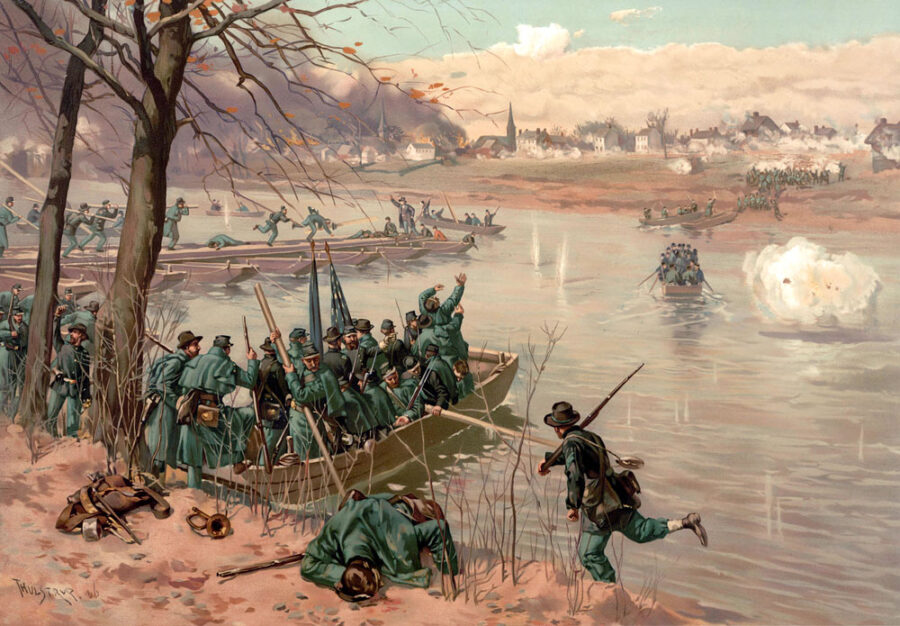 Watercolor of Union soldiers under fire as they lay a pontoon bridge across the Rappahannock River during the Battle of Fredericksburg