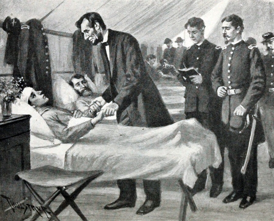 Black and white illustration of Bob Bannister being visited by President Abraham Lincoln while recovering from a battle wound.