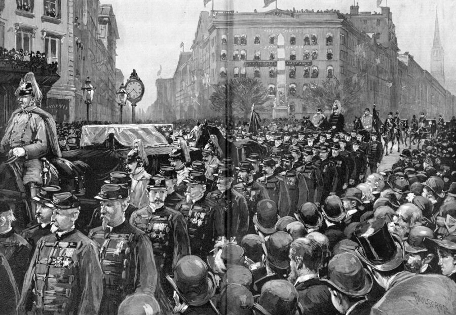 Black and white illustration of William T. Sherman’s funeral procession by Thure De Thulstrup.