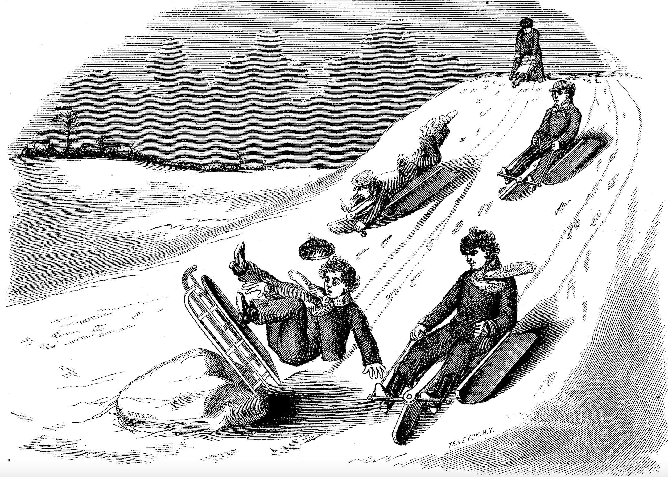 This illustration depicts the purported advantages of the newly patented Brown’s Coasting Sled over more conventional sleds used by kids during the Civil War.