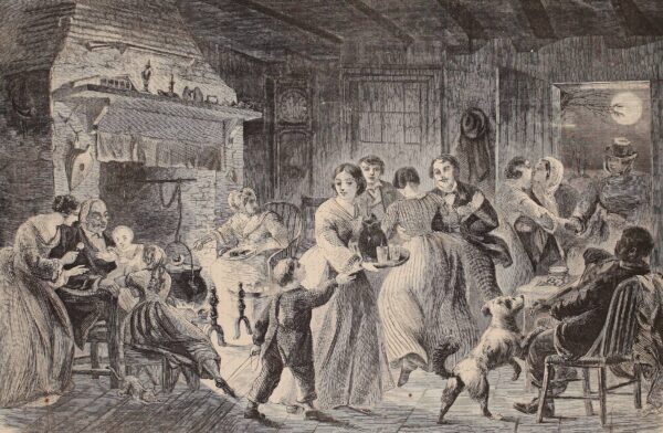 This illustration from Harper's Weekly depicts a "country" family celebrates the holidays in 1860.