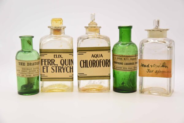 Bottles from Dr. Christopher H. Tebault's wartime medicine chest.