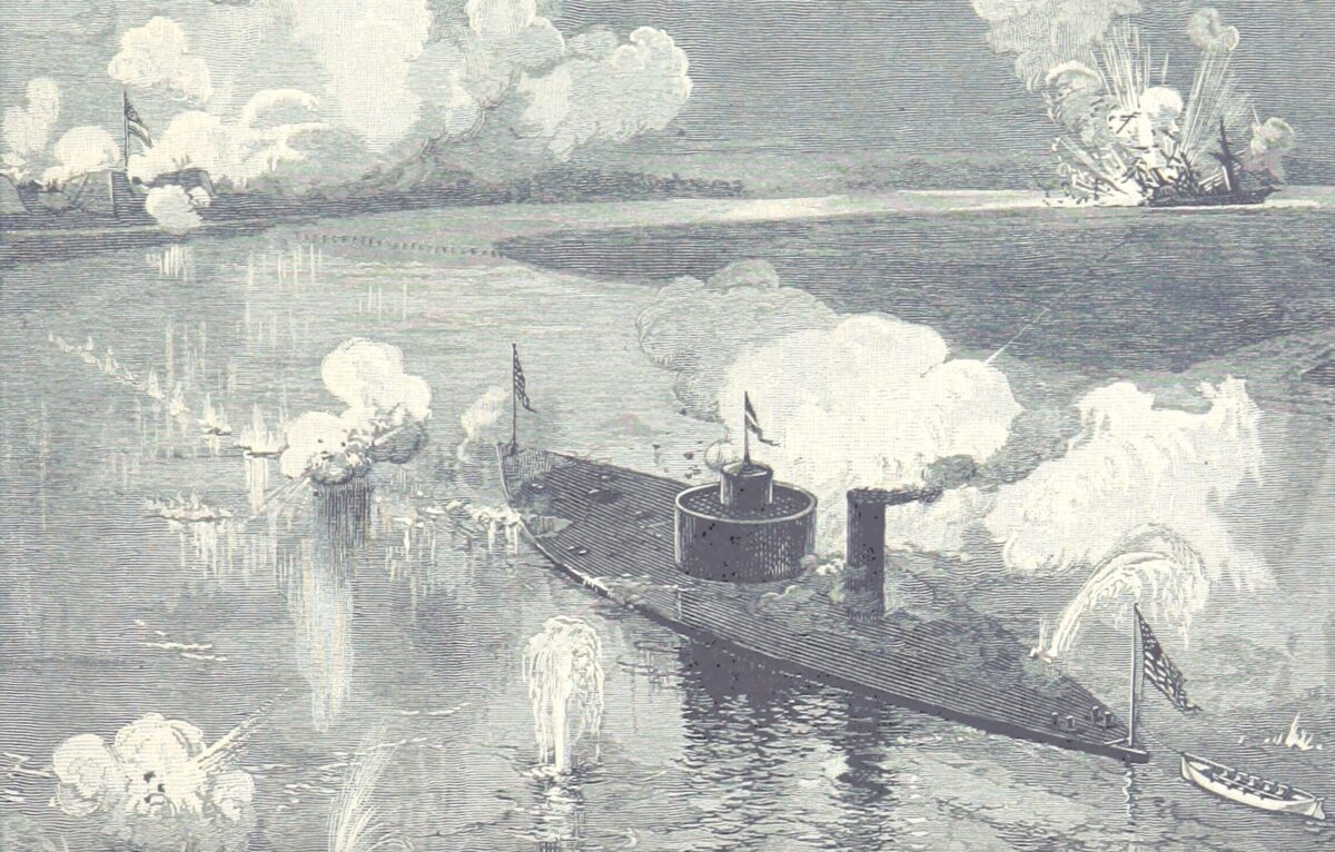 USS Montauk—one of the vessels in the U.S. South Atlantic Blockading Squadron—is depicted in action on the Ogeechee River in Georgia during the Civil War.