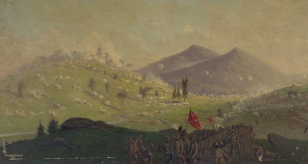 Edwin Forbes' painting of the fight for Little Round Top at the Battle of Gettysburg.